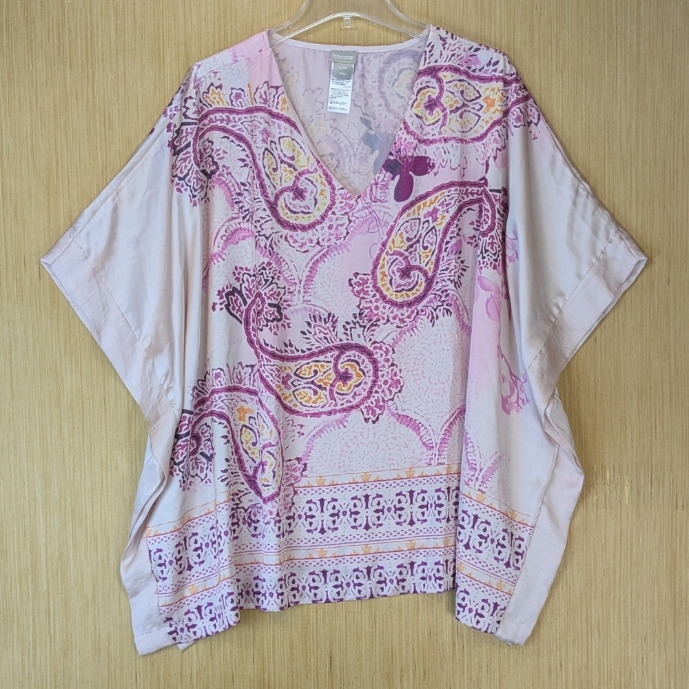 Chicos Womens Boho Paisley V-Neck Kaftan Poncho Top L/XL Pink Purple Lagenlook